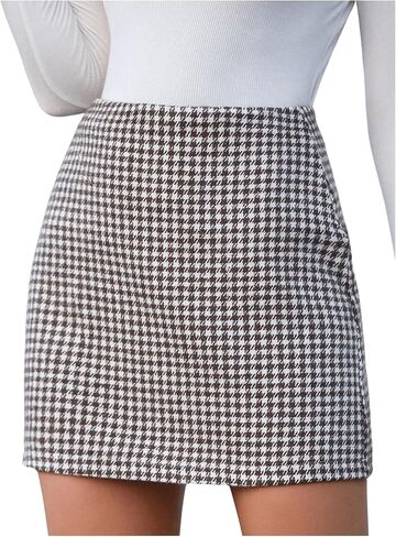 تنورة Floerns النسائية الكاجوال بطبعة Houndstooth المستقيمة على شكل حرف A وسحاب Bodycon in Saudi Arabia