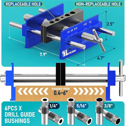 Self Centering Doweling Jig Kit, Drill Jig For Straight Holes Biscuit Joiner Set With 6 Drill Guide Bushings, Adjustable Width Drilling Guide Tool Accessory Jigs (Blue) in Saudi Arabia