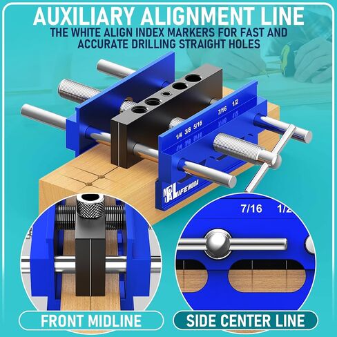 Self Centering Doweling Jig Kit, Drill Jig For Straight Holes Biscuit Joiner Set With 6 Drill Guide Bushings, Adjustable Width Drilling Guide Tool Accessory Jigs (Blue) in Saudi Arabia