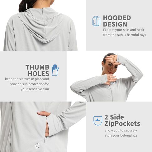 Womens UPF 50+ UV Protection Hoodie Jacket, Lightweight Zip Up Long Sleeve Sun Shirt with Pockets for Running Hiking in Saudi Arabia