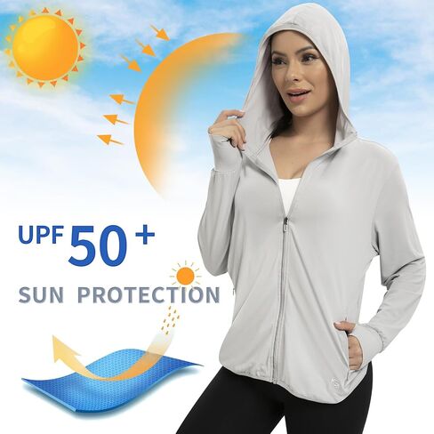 Womens UPF 50+ UV Protection Hoodie Jacket, Lightweight Zip Up Long Sleeve Sun Shirt with Pockets for Running Hiking in Saudi Arabia