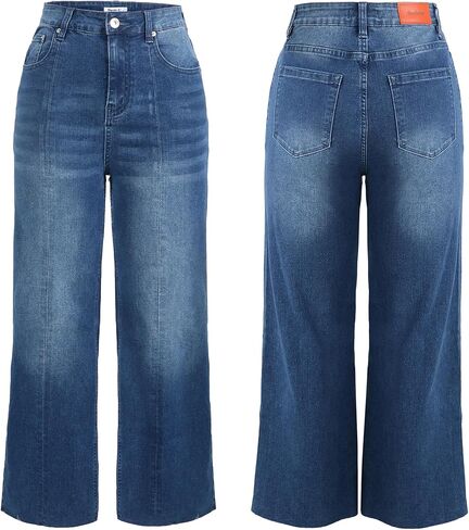 Genleck Women's Wide Leg Jeans - Cropped Jeans High Waisted Seamed Front Raw Hem Denim Pants Trendy Stretchy Baggy Jeans in Saudi Arabia