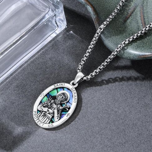 PROESS Saint Patrick/Francis/George/Archangel Gabriel/Holy Family Necklace 925 Sterling Silver Abalone Shell Protector Medal Pendant Catholic Jewelry for Women Men in Kuwait