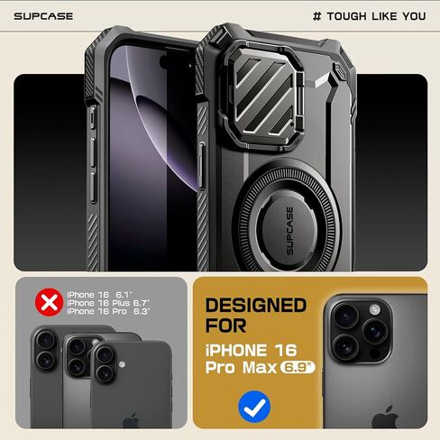 حافظة SUPCASE لهاتف iPhone 16 Pro Max مع حامل غطاء الكاميرا (UBMag XT)، [متوافقة مع MagSafe] [مسند مدمج] [حماية من الدرجة العسكرية] حافظة هاتف مغناطيسية متينة شديدة التحمل، أسود in Saudi Arabia