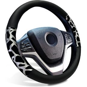 SuperKaKa Leather Cow Print Steering Wheel Cover - Universal Soft & Comfortable PU Auto Protector Cars Interior Accessories for Women Men (Black and Sliver)