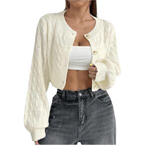 SweatyRocks Women's Button Up Cropped Cardigan Sweater Crew Neck Long Sleeve Cable Knit Outwear