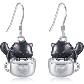 Black Cat Earrings 925 Sterling Sliver Cute Cat Dangle Earrings Teacup Cat Animal Drop Earrings Jewelry Presents For Women