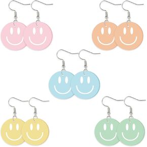 Whaline 5 Pairs Smile Face Acrylic Earrings Pastel Smile Face Dangle Earrings Decorative Drop Earrings for Women Jewelry Party Accessories Supplies