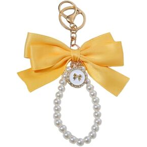 Cute Lily Sakura Flower Keychain for Women Pearl Bow Key Chains Car Keys Holder Accessories