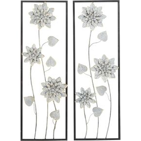 Deco 79 Metal Floral Home Wall Decor Wall Sculpture with Black Frame, Set of 2 Wall Art 12"W, 36"H, Gray