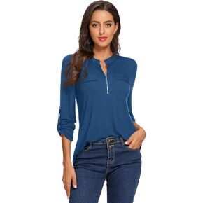 ZENNILO Women's Zip V Neck Long Sleeve Plaid Shirt Casual Tunic