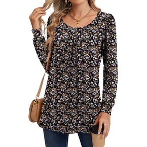 Riyiper Women's Puff Long Sleeve Tunic Tops, Pleated Crew Neck Shirts Fall Trendy Loose Fit Casual Basic Dressy Blouse