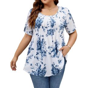 Plus Size Tunic for Women Summer Tulip Short Sleeve Tunic Tops Scoop Neck Floral Printed Casual Soft Top 1X-5X