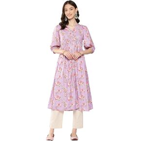 Janasya Indian Women's Lavender Moss Digital Floral Printed Flared Kurta