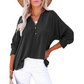 Fallorchid Womens 3/4 Sleeve Henley Shirts Tops Fall Casual Crew Neck Loose Button Up Blouse Tunic