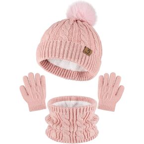 Glooarm Kids Winter Hat Gloves Scarf Set, Girls Toddler Winter Beanie Hat with Pom Knit Neck Warmer Gloves Fleece Lined Set in Saudi Arabia