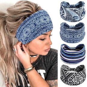 FULZTEY Boho Headbands for Women Fashion Paisley Head Band Floral Wide Headwraps Large African Thick Turban Non Slip Yoga Workout Sweat Hairband Knotted Bandanas for Hair Accessories 4Pcs