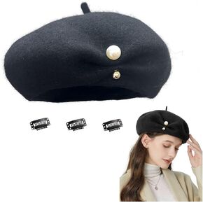 French Berets Hat Premium Cashmere Beret Pearl Decorative Elegant Church Wool Hat for Women Solid Artist Hat