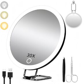 Travel Makeup Mirror with Lights 30x Magnifying Mirror with Light Travel Mirror with 3 Suction Cups & Table Stand Lighted Makeup Mirror with Magnification Portable USB Rechargeable Make Up Mirrors
