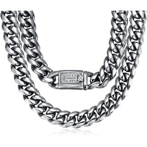 ROWIN&CO Jewelry Mens 15mm Heavy Miami Cuban Link Chain Silver Stainless Steel Curb Necklace & Bracelet with CZ Diamond Clasp, 8-35 Inch, Hip Hop Thick Cuban Chain for Men.