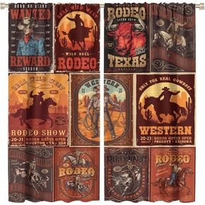 Vintage Rustic Cowboy Curtains, Wild Western Theme Art Hand Drawn Illustration Patchwork, Thermal Insulation Blackout Rod Pocket Window Treatments for Living Room Bedroom Kitchen Bathroom 42x45 Inch