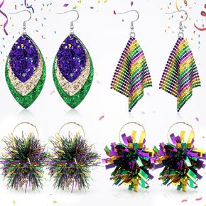 Nosiny 4 Pair Colorful Mardi Gras Earrings Layer Leaf Carnival Dangle Jewelry for Women Mardi Gras Drop Earrings Accessories Outfit for Holiday Festival Party Parade Accessories Gifts