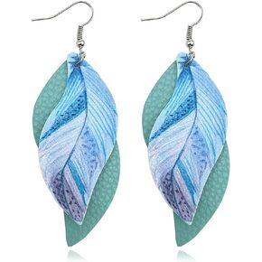 ANXIN boho unique Leather Earrings 2 Layered Lightweight Faux Leather Leaf Earrings Layered Design Drop Earrings Gift for Women