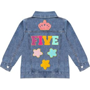Girls Denim Jacket Toddler Baby Kid One Two Three Letter Embroidery Shirt, Long Sleeve Button Birthday Gift Coats