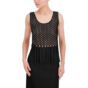 BCBGMAXAZRIA Women's Sleeveless Scoop Neck Crochet Fringe Pullover Top