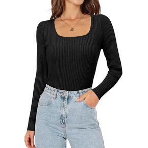 ONLYSHE Women's 2024 Casual Long Sleeve Square Neck Shirts Slim Fitted Elegant Fall Ribbed Knit Tee Tops Y2K Colthes