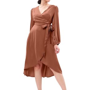 Xintianji Womens Long Sleeve Satin Dresses V Neck Wrap Tie Waist Ruffle High Low Wedding Maxi Dress with Pockets
