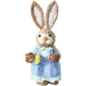GIHOO Easter Straw Rabbit Decoration,13inch Easter Handmade Standing Bunny with Carrot,Easter Rabbits Tabletop Statues for Indoor Outdoor Farmhouse Spring Easter Party Decor(D-Style)