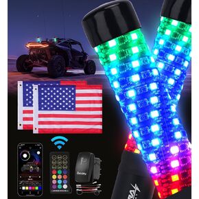 2PCS 1FT Whip Lights with American Flag, Fat Spiral Led Whip Lights with Remote & App Control Synchronized Turn Signal RGB Chasing Whip Light for ATV UTV Trucks Polaris RZR Can-Am Dune Buggy