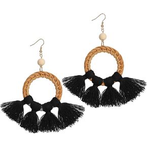 rattan woven tassel earrings Bohemian handmade suitable for women's banquets, beach parties