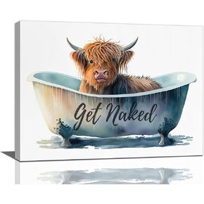 Highland Cow Bathroom Decor Wall Art Funny Cow In Bathtub Pictures Wall Decor Cute Cattle Bathroom Canvas Print Painting Artwork Modern Home Bathroom Decorations for Restroom Toilet Framed 12"x16"