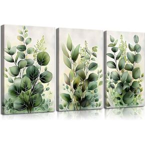 3 Pcs Green Plant Leaves Wall Art Eucalyptus Flower Canvas Wall Decor Pictures Farmhouse Vintage Country Botanical Posters Prints for office Bathroom Bedroom Decoration