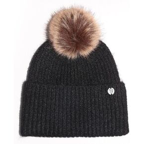 WKF Wool Blend Womens Winter Knitted Beanie Hat with Faux Fur Pom, Warm Knit Skull Cap Beanie for Women Black