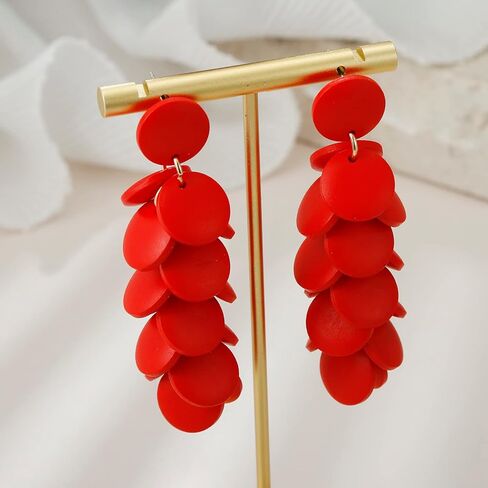 Colorful Layered Wooden Earrings, Bohemian Dangle Drop Earrings for Women in Kuwait