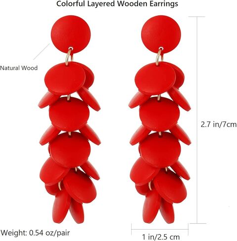 Colorful Layered Wooden Earrings, Bohemian Dangle Drop Earrings for Women in Kuwait