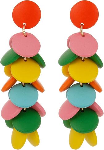 Colorful Layered Wooden Earrings, Bohemian Dangle Drop Earrings for Women in Saudi Arabia
