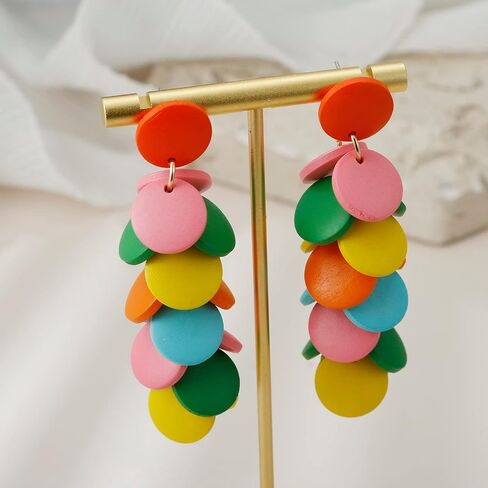 Colorful Layered Wooden Earrings, Bohemian Dangle Drop Earrings for Women in Saudi Arabia