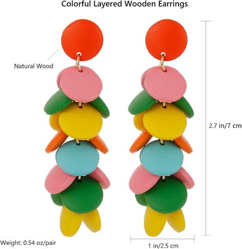 Colorful Layered Wooden Earrings, Bohemian Dangle Drop Earrings for Women in Saudi Arabia