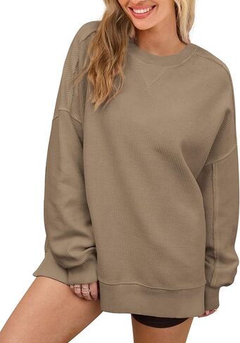 PRTTYGARDEN Womens Long Sleeve Tops 2025 Spring Loose Crewneck Sweatshirt Trendy Casual Ribbed Pullover Knit Outfit in Saudi Arabia