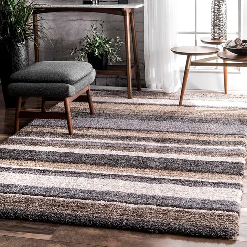 سجادة منطقة أشعث مخططة من NuLOOM - سجادة منطقة أشعث مقاس 5 × 8 سجاد كاجوال بيج متعدد/بني لغرفة المعيشة وغرفة النوم وغرفة الطعام والحضانة in Kuwait
