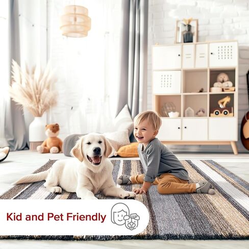 سجادة منطقة أشعث مخططة من NuLOOM - سجادة منطقة أشعث مقاس 5 × 8 سجاد كاجوال بيج متعدد/بني لغرفة المعيشة وغرفة النوم وغرفة الطعام والحضانة in Kuwait