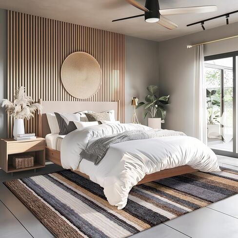 سجادة منطقة أشعث مخططة من NuLOOM - سجادة منطقة أشعث مقاس 5 × 8 سجاد كاجوال بيج متعدد/بني لغرفة المعيشة وغرفة النوم وغرفة الطعام والحضانة in Kuwait