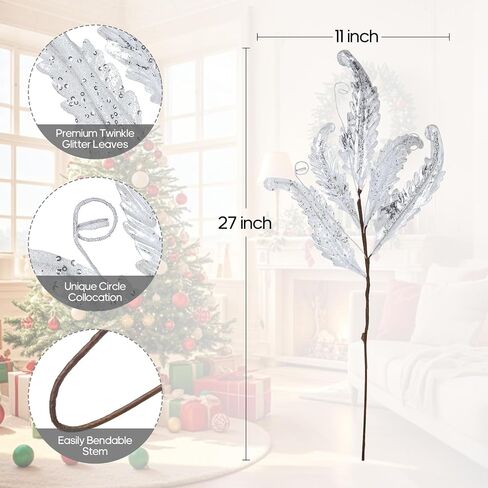 Christmas Artificial Leaves Set of 3 Sparkling 27 Inch Faux Decorative Foliage with Spray Stems Perfect for Holiday Home Decor Festive Party Decorations and Seasonal Celebrations(White) in Saudi Arabia