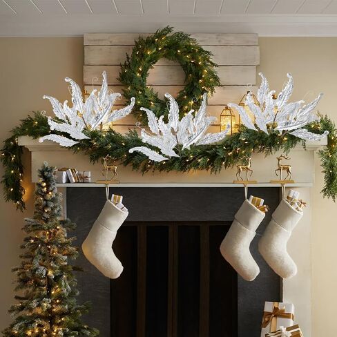 Christmas Artificial Leaves Set of 3 Sparkling 27 Inch Faux Decorative Foliage with Spray Stems Perfect for Holiday Home Decor Festive Party Decorations and Seasonal Celebrations(White) in Saudi Arabia