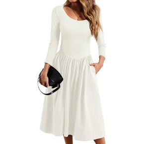 فستان Wenrine نسائي برقبة واسعة وميدي مرقع 3/4 كم مطوي على شكل حرف A فستان طويل كاجوال للخريف مع جيوب in Kuwait