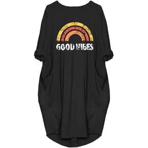 Women's Dress Good Vibes Rainbow Print Casual Long Sleeve Round Neck with Pockets Loose Tops